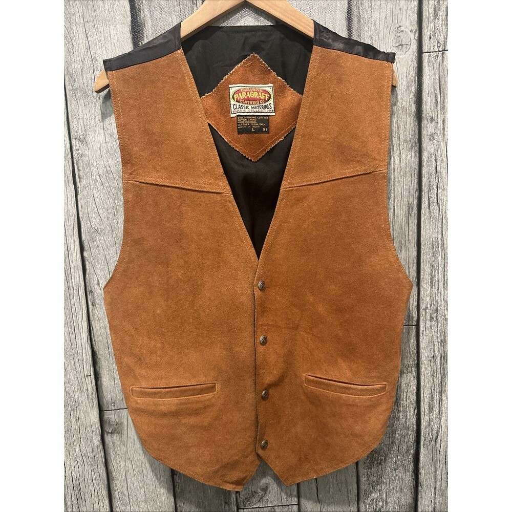 Exclusive Paragraff Western Suede Leather Vest Mens Large Brown Solid Snap Up